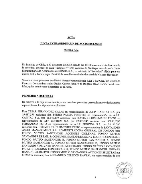 ACTA JUNTA EXTRAORDINARIA DE ACCIONISTAS DE SONDA S.A.