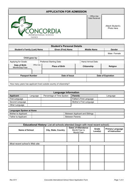 application for admission - Concordia International School Hanoi