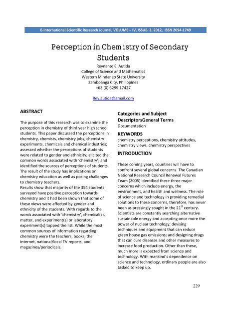 Perception in Chemistry of Secondary Students - E-International ...