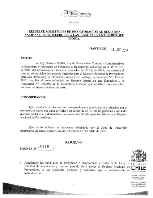 Resolucia N Proveedores Inscritos Julio 2010 Chileproveedores