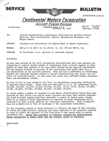 Continental Engine SB M47-16, 12-30-47 - The Mooney Mite Site