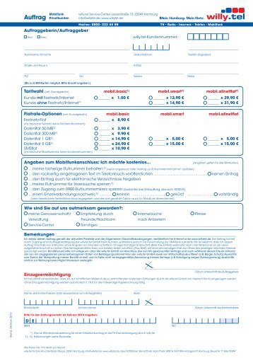 Auftragsformular Mobilfunk - Willy.Tel