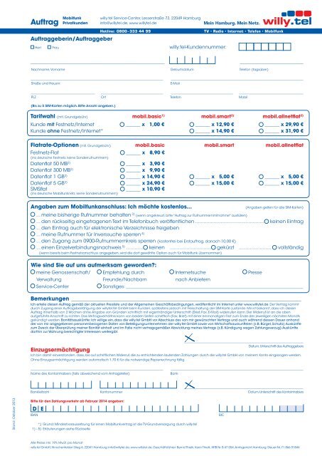 Auftragsformular Mobilfunk - Willy.Tel