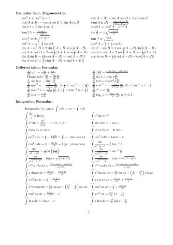 Formulas from Trigonometry: sin2 A + cos 2 A = 1 sin(A Â± B ...