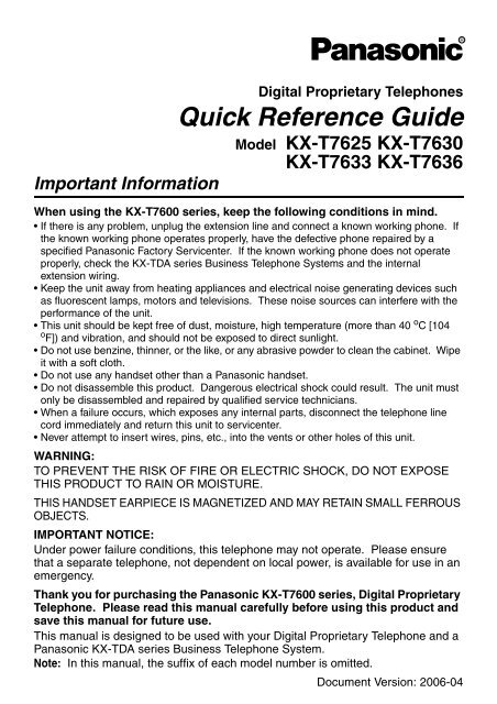 Panasonic Kx T76xx Series Telephone User Guide Atcom