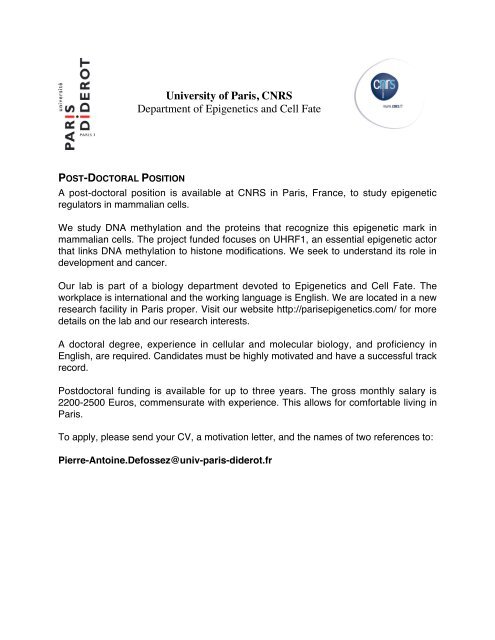 University of Paris, CNRS Department of Epigenetics and Cell Fate