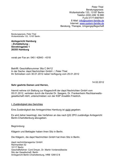 Klageerwiderung im Volltext als PDF-Datei hier - "Fliegenden ...