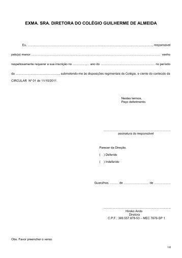 EXMA. SRA. DIRETORA DO COLÃGIO GUILHERME DE ALMEIDA