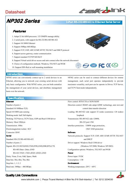 NP302 Series 2-Port RS-232/485/422 to Ethernet Serial ... - Telkolink