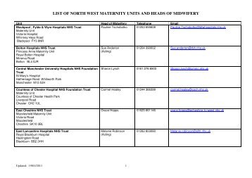 LIST OF NORTH WEST MATERNITY UNITS AND ... - NHS North West