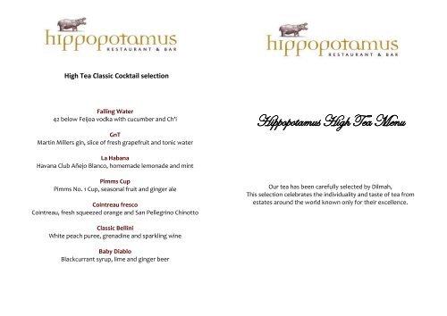 Hippopotamus High Tea Menu