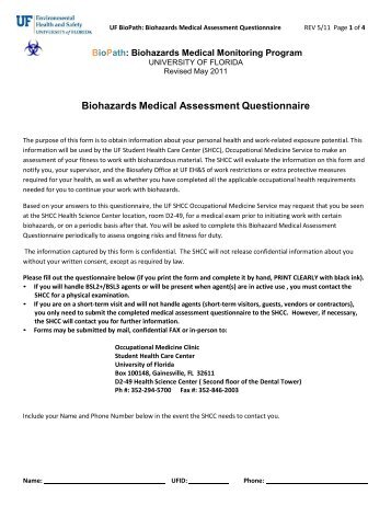 Biohazards Medical Assessment Questionnaire - University of Florida