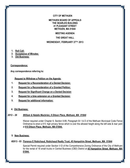 2/27/13 Zoning Board Agenda - Methuen