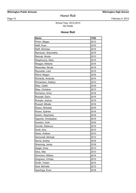 Honor Roll - Wilmington Public Schools