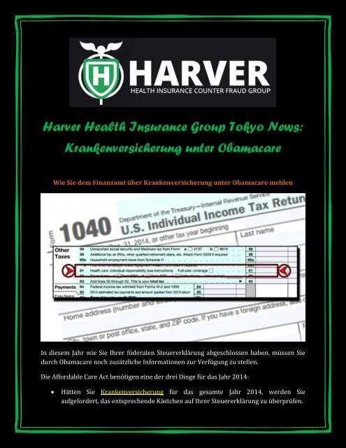 Harver Health Insurance Group Tokyo News: Krankenversicherung unter Obamacare