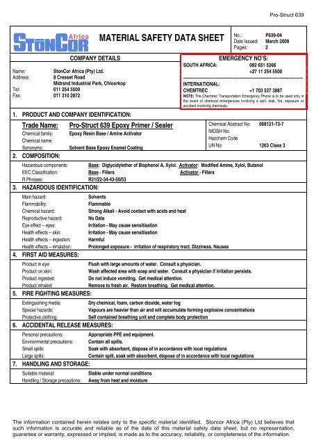 MATERIAL SAFETY DATA SHEET - StonCor Africa