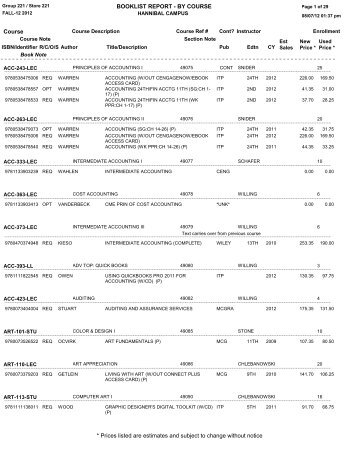 BOOKLIST REPORT - BY COURSE Course * Prices listed are ...