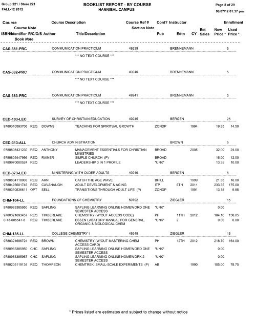 BOOKLIST REPORT - BY COURSE Course * Prices listed are ...