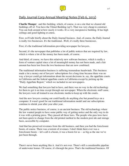 Daily Journal Corp Annual Meeting Notes Feb 6 13 Daily Journal Corp Annual Meeting Notes Feb 6 13