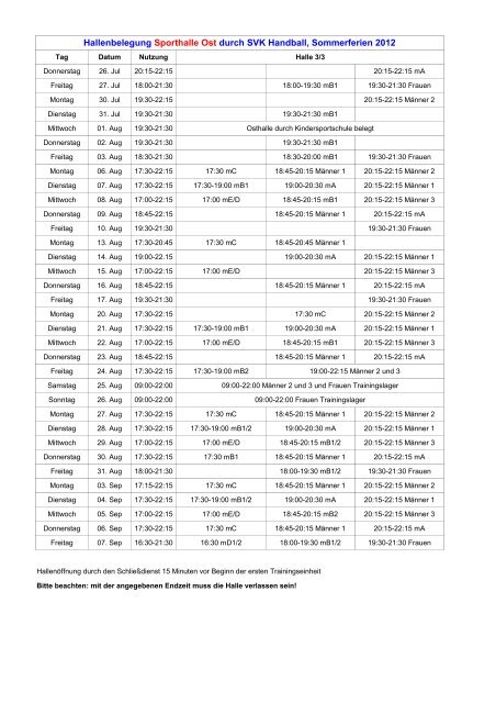 Hallenbelegung Sporthalle Ost durch SVK ... - SV Kornwestheim