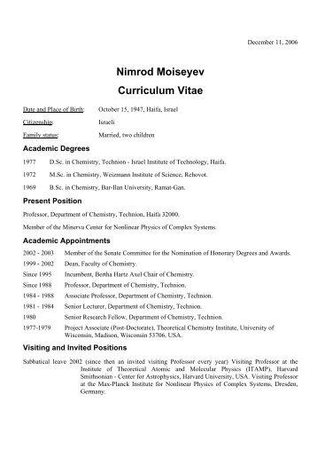Nimrod Moiseyev Curriculum Vitae