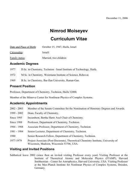 Nimrod Moiseyev Curriculum Vitae