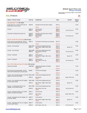 Milltek Sport Price List Seat_Products - Dimsport