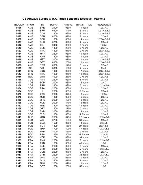 US Airways Europe & U.K. Truck Schedule Effective - 03/07/12