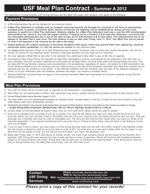 USF Meal Plan Contract - Summer A 2012 - CampusDish