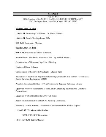 AGENDA - North Carolina Board of Pharmacy