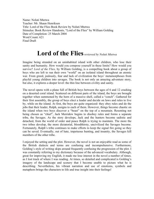 good thesis for lord of the flies essay