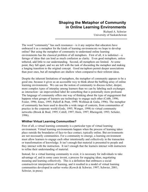 Shaping the Metaphor of Community in Online Learning Environments