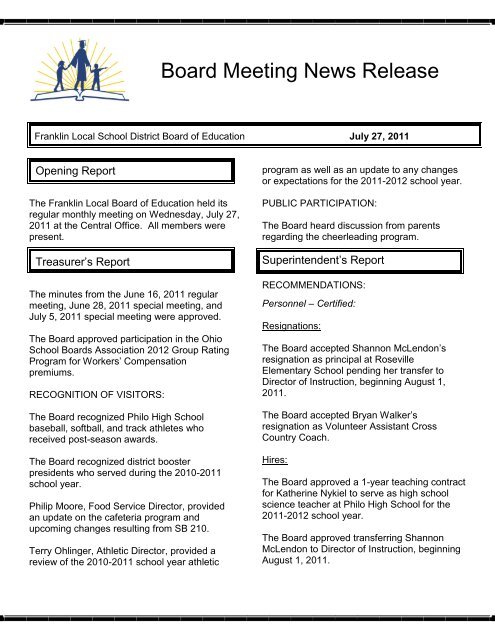 Board Meeting News Release - Franklin Local School District