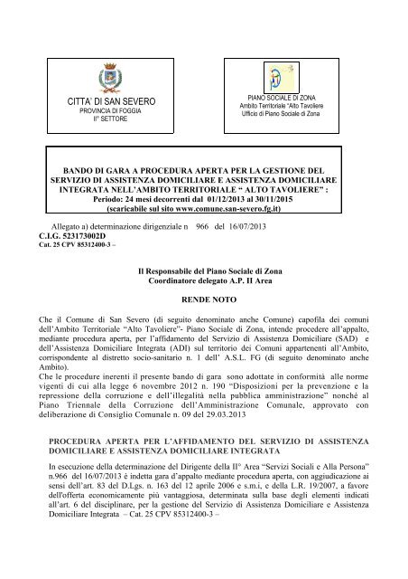 Avviso pubblico di gara a procedura aperta Servizio SAD e ADI