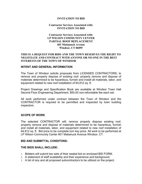 INVITATION TO BID Contractor Services ... - Town of Windsor
