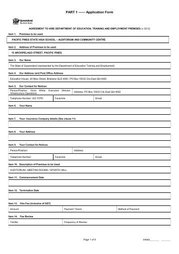 Agreement to hire School Facilities form - Pacific Pines State High ...