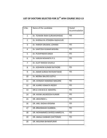 list of doctors selected for 21 afih course 2012-13 - DGFASLI