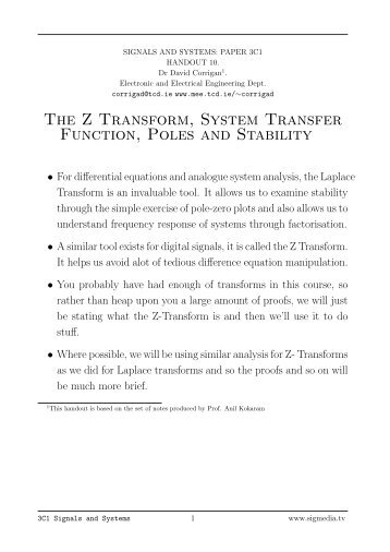 The Z Transform, System Transfer Function, Poles and Stability