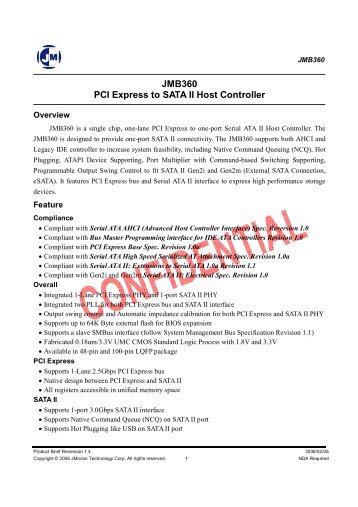 JMB360 PCI Express to SATA II Host Controller - JMicron Technology