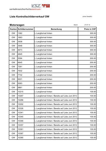 Liste Kontrollschilderverkauf OW Motorwagen