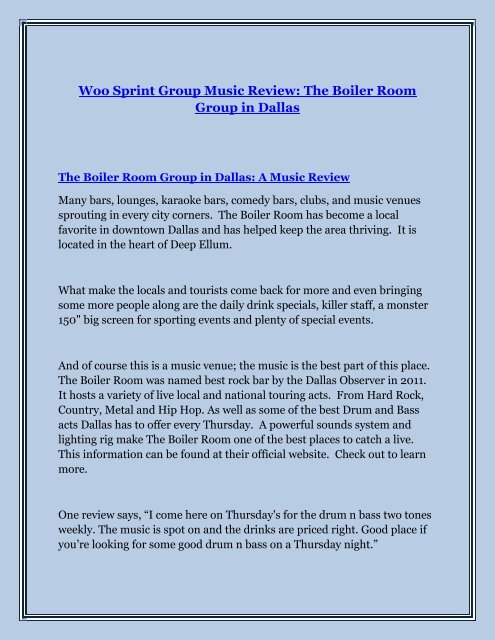 Woo Sprint Group Music Review: The Boiler Room Group in Dallas