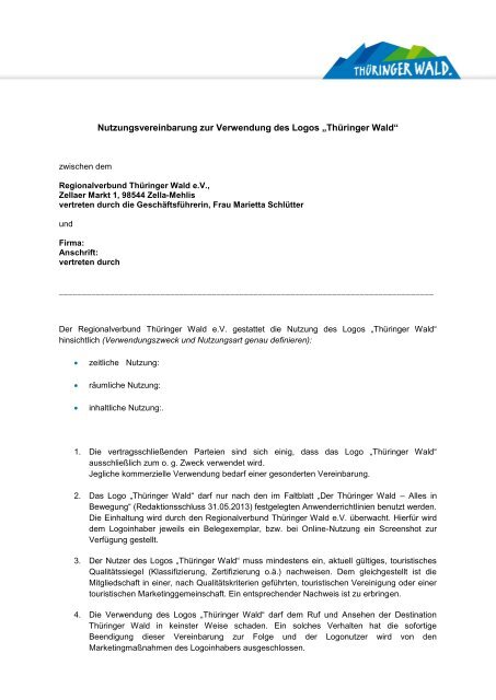 Nutzungsvereinbarung zur Verwendung des Logos „Thüringer Wald“