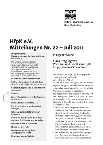 HfpK e.V. Mitteilungen Nr. 22 â Juli 2011 - Hilfe fÃ¼r psychisch Kranke ...
