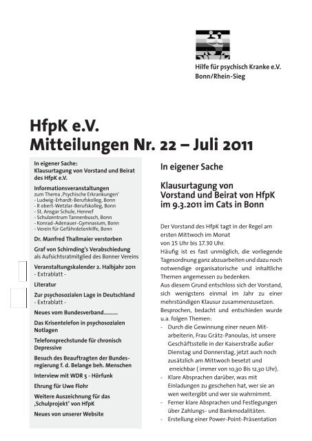 HfpK e.V. Mitteilungen Nr. 22 â Juli 2011 - Hilfe fÃ¼r psychisch Kranke ...