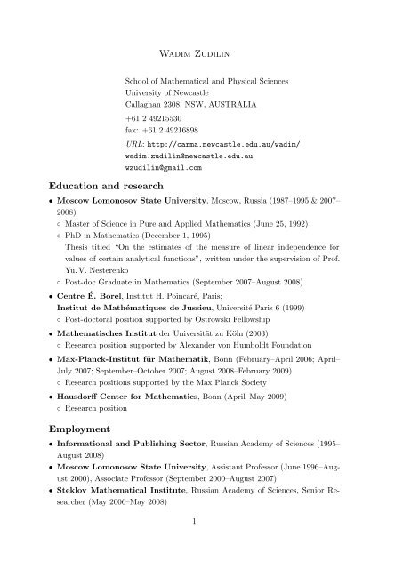 curriculum vitae - Wadim Zudilin