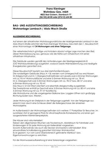 Bau- Ausstattungsbeschreibung - Grundrisse Wohnbau Kieninger