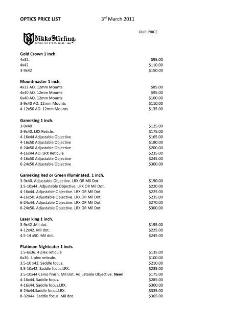 OPTICS PRICE LIST 3rd March 2011 - Melbourne Firearms Centre