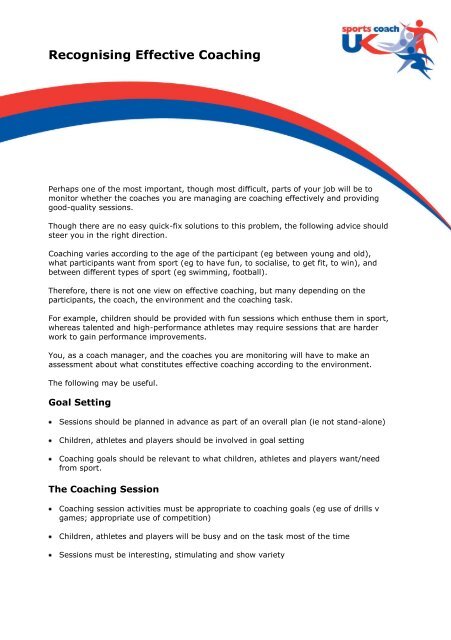 Recognising Effective Coaching Pdf Sports Coach Uk