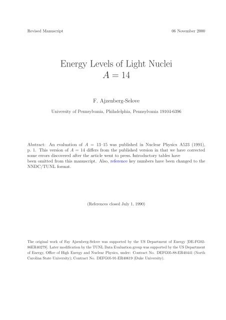 Energy Levels of Light Nuclei A = 14 - Triangle Universities Nuclear ...