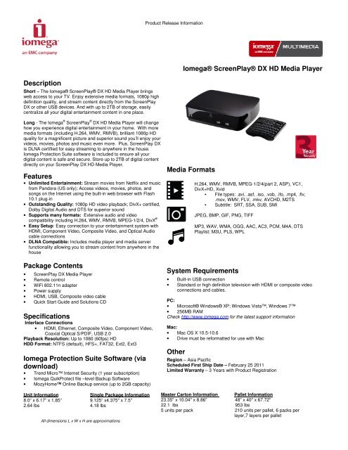 Iomega® ScreenPlay® DX HD Media Player Description Features ...